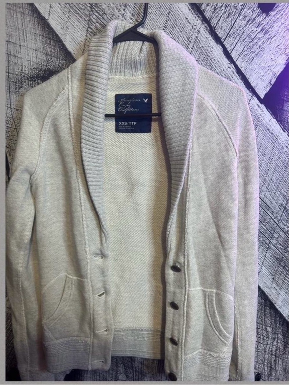 American Eagle Outfitters Cream Knit Cardigan with Navy Label